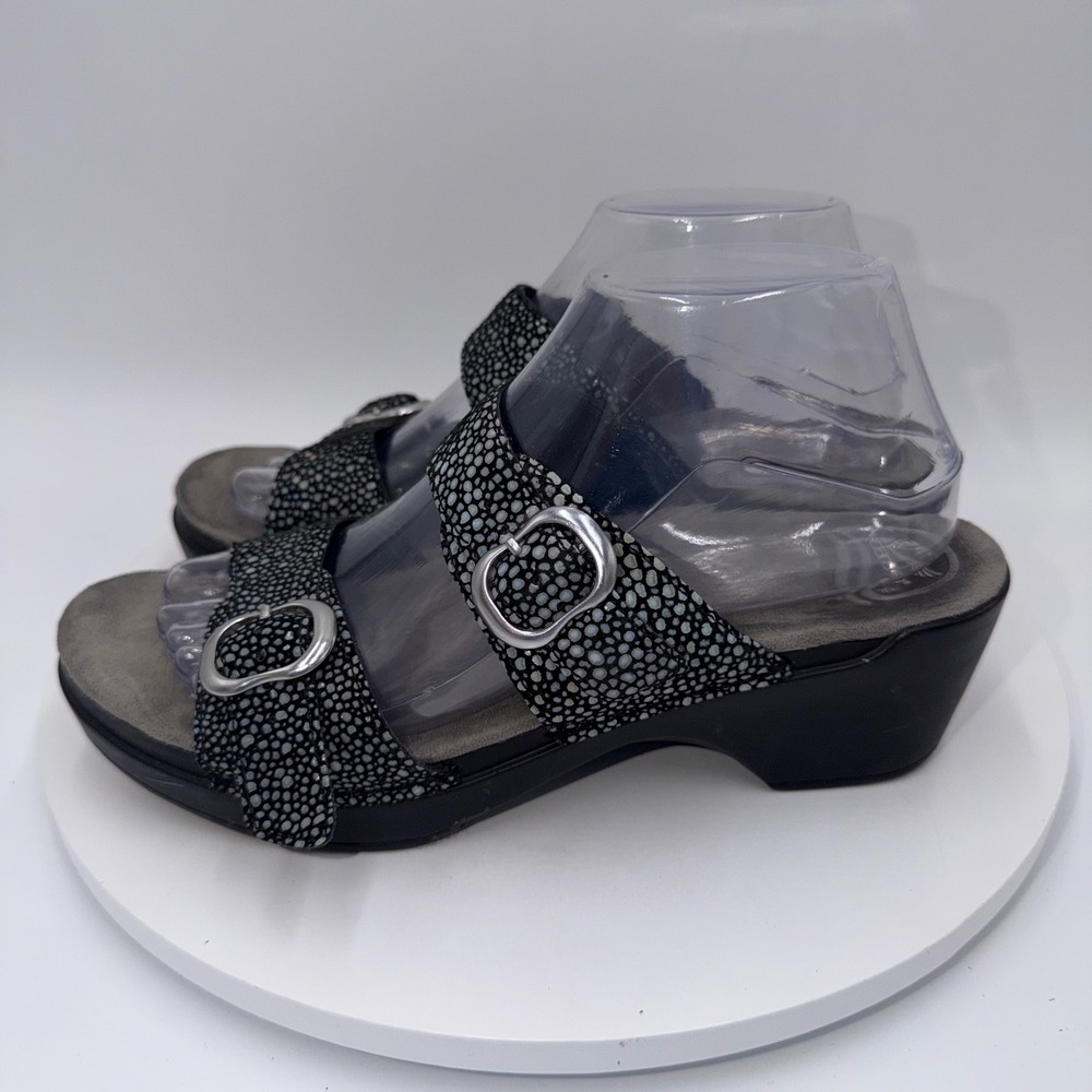 Dansko Sophie Women Black White Leather Platform Buckle Wedge Sandals 40/10-10.5